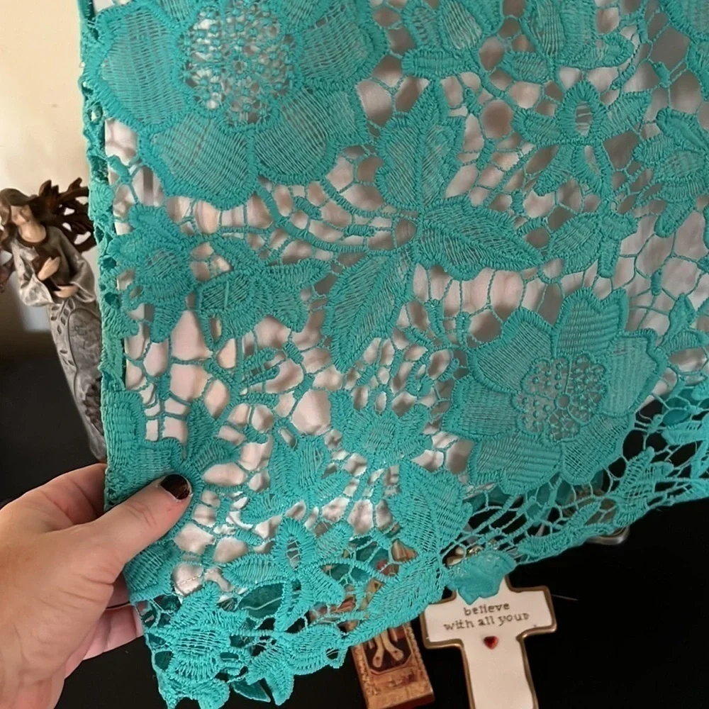 NEW YORK & COMPANY Aqua Green/Cream Lace Detail Sleeveless Sheath Dress, 6,GUC. - Picture 5 of 7